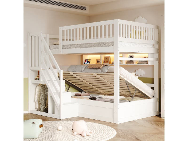 Lit superposé 140x200 cm, lit enfant, ouverture hydraulique, escalier avec rangement, barrière de sécurité, éclairage led, bois blanc OPULERANE TRADING LTD - Conforama B
