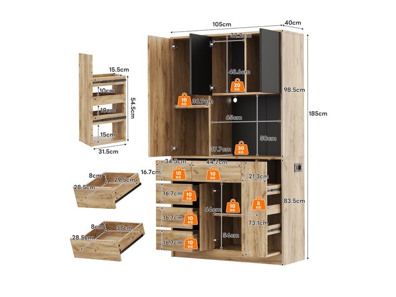  Meuble haut de cuisine avec led, prises et étagère à épices 105x40x185 cm  - Conforama C