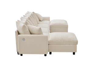 Canapé d'angle, canapé modulable, 6 places, en chenille, beige, repose-pieds, pour salon et séjour, usb