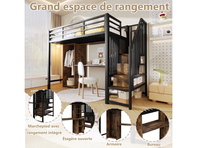  Lit mezzanine 90 x 200 cm avec bureau et armoire, structure métal et mdf noire, rangements intégrés  - Conforama W