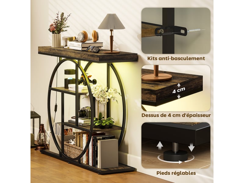  Console meuble avec éclairage led 100 cm, marron rustique et noir, table console à 4 niveaux avec étagères ouvertes  - Conforama R