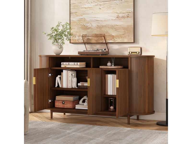 Buffet 3 portes couleur noyer avec lignes verticales 140 cm - Conforama D