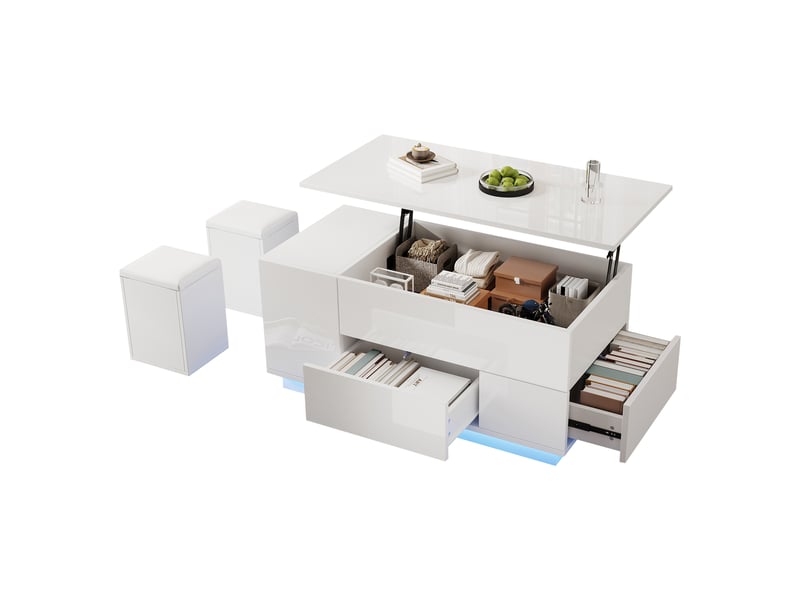  Table basse 4 en 1 (100 x 50 x 45 cm) réglable en hauteur avec éclairage led, table basse avec 2 tiroirs, table d'appoint laquée avec 2 tabourets, table de chevet avec rangement dissimulé, charge maximale 50 kg, blanche  - Conforama A
