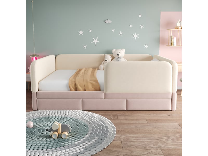  Lit enfant 140x200 cm rose en velours avec contours arrondis, 3 tiroirs et sécurité rembourrée  - Conforama W