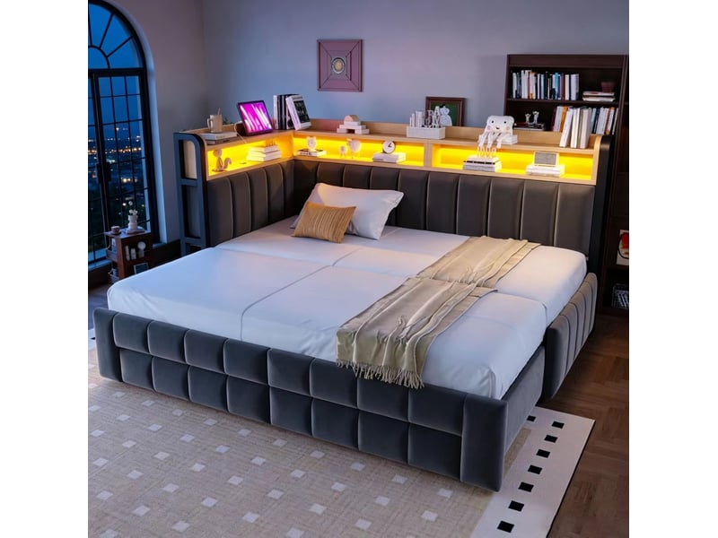  Canapé-lit, 90 x 200 cm, 180 x 200 doté d’un espace de rangement, led, matelas non inclus, mdf et métal, coloris gris  - Conforama D
