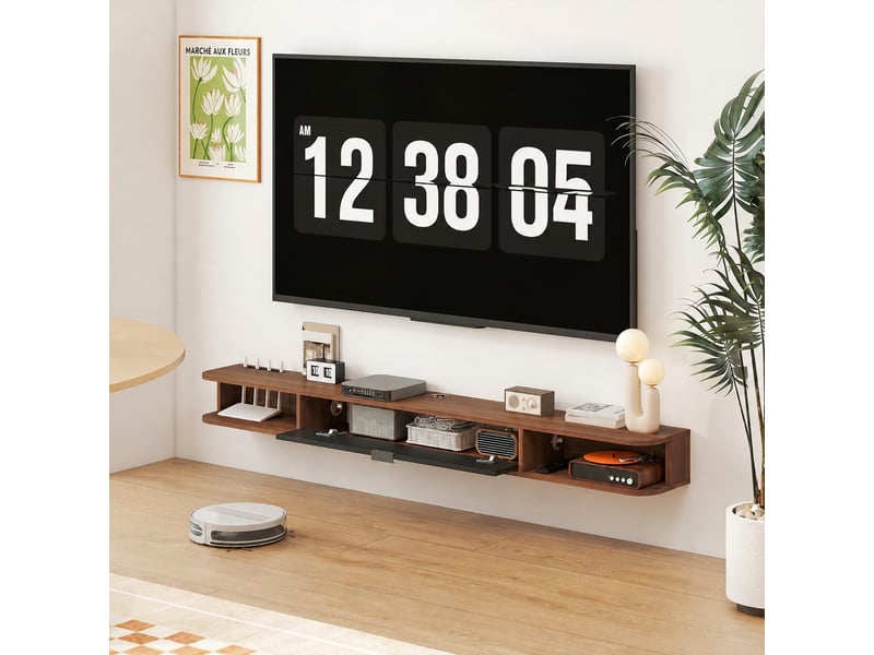  Meuble tv suspendu jusqu'à 75 pouces, abattant, 2 étagères ouvertes, finition noyer, 180 x 24 x 16 cm  - Conforama D