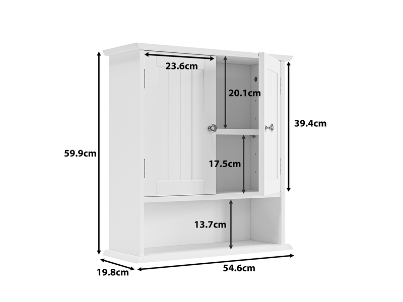 Armoire de salle de bain murale 54,6x19,8x59,9 cm, 2 portes, rangement ajustable, armoire de rangement, mdf blanc - Conforama C