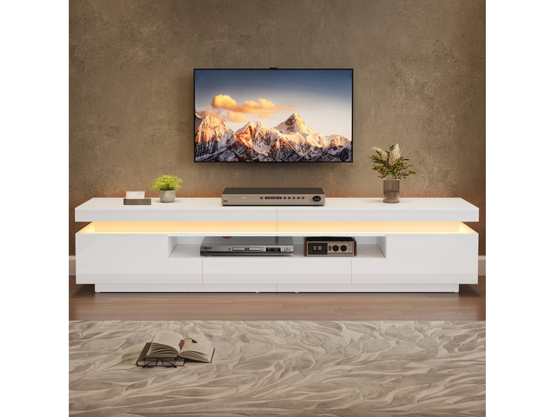  Meuble tv bas 175 x 38 x 45 cm avec led, 2 placards, 1 tiroir, blanc  - Conforama B