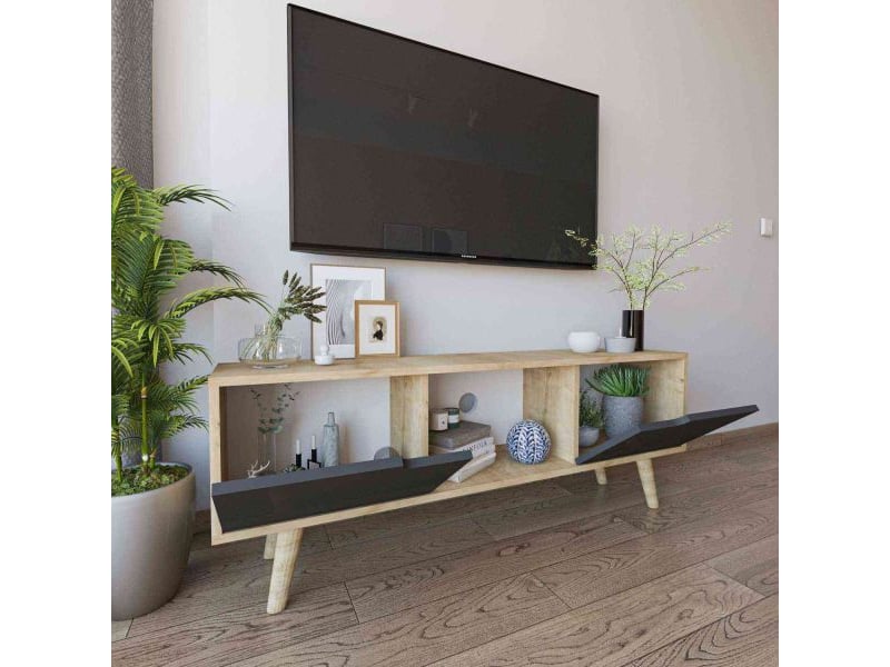  Meuble tv 2 portes en aggloméré siena anthracite et chêne  - Conforama D