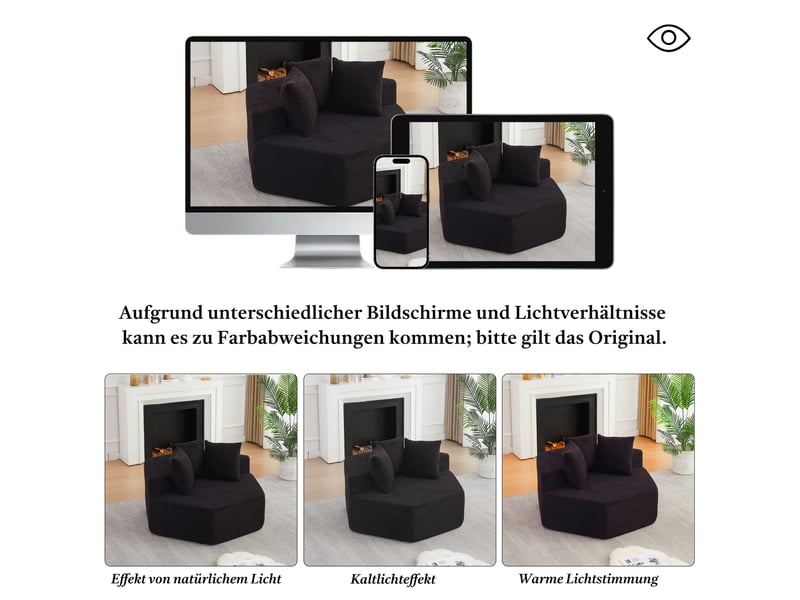 Fauteuil modulable hexagonal avec 3 coussins, assise moelleuse et agencement polyvalent en chenille noire - Conforama E
