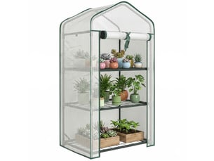 Mini serre de jardin avec bâche en pe, 3 étagères et porte enroulable, 59 x 39 x 127 cm, blanche