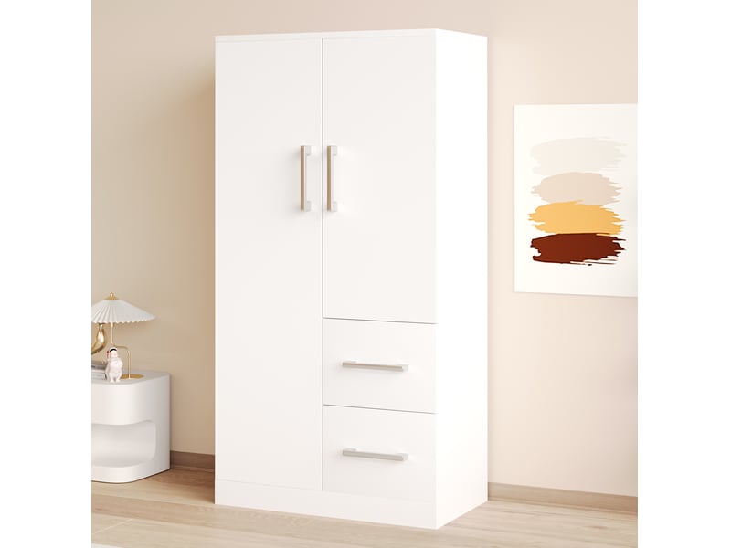  Armoire enfant avec 2 portes, 2 tiroirs et grand compartiment de rangement, pour chambre, blanche, 70 × 40 × 135 cm  - Conforama C