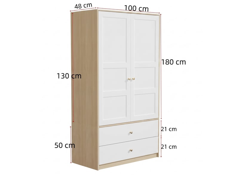 Armoire 2 portes modenvie 100 x 48 x 180 cm avec 2 tiroirs et tringle mdf blanc et naturel - Conforama C