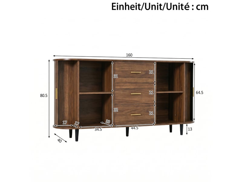Buffet de salon avec 3 tiroirs, portes coulissantes, 160x40x80,5 cm, mdf noyer - Conforama C