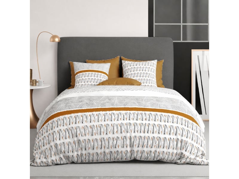 Parure housse de couette 240x220cm + 2 taies motif graphique blanc, noir et jaune 100% coton - selina SELINA - Conforama A