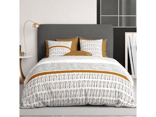 Parure housse de couette 240x220cm + 2 taies motif graphique blanc, noir et jaune 100% coton - selina