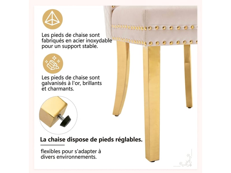  Lot de 4 chaises de salle à manger en velours beige avec pieds en acier inoxydable doré et anneau au dos  - Conforama D