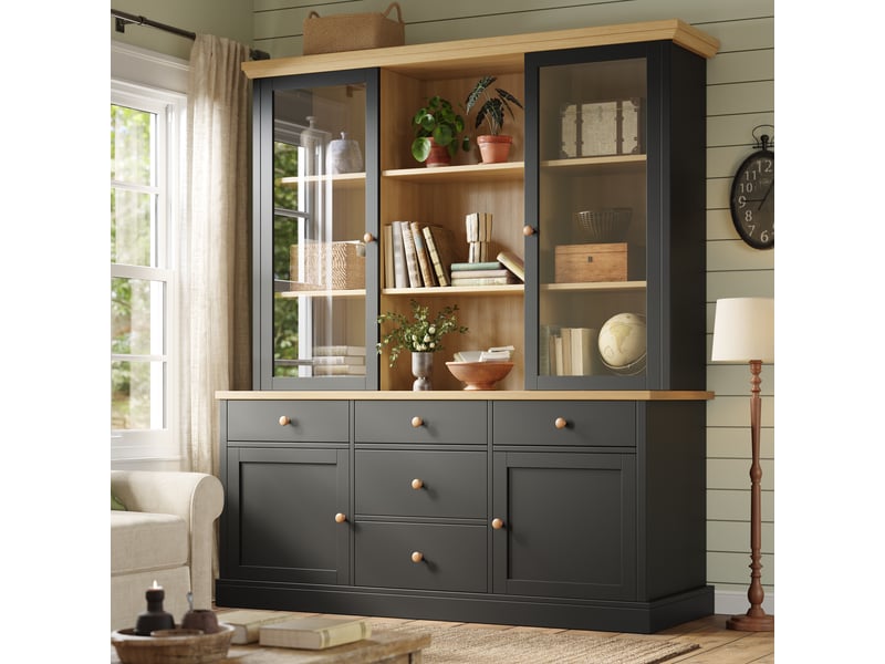 Buffet haut de cuisine 140 x 40 x 185 cm noir avec portes vitrées, 5 tiroirs, niches ouvertes et étagères réglables, meuble cuisine anti-basculement  - Conforama C