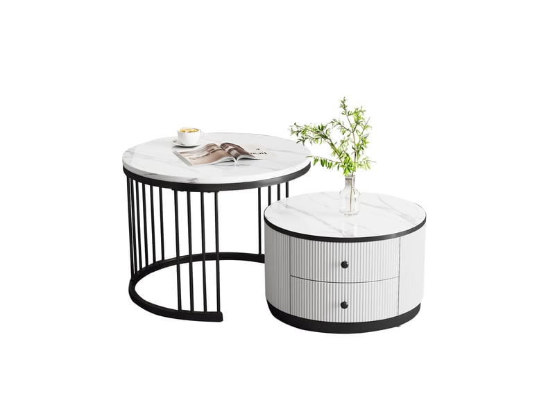  Tables basses gigognes avec 2 tiroirs, plateaux effet marbre brillant, en mdf blanc et noir pour le salon moderne  - Conforama A