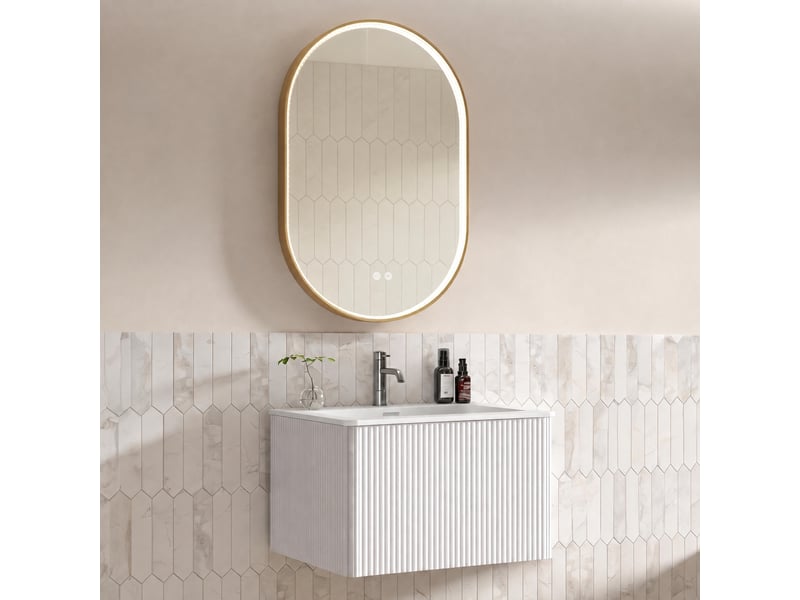  Ensemble meuble vasque suspendu 60 cm avec miroir ovale led 50 x 80 cm, blanc  - Conforama B