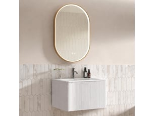 Ensemble meuble vasque suspendu 60 cm avec miroir ovale led 50 x 80 cm, blanc