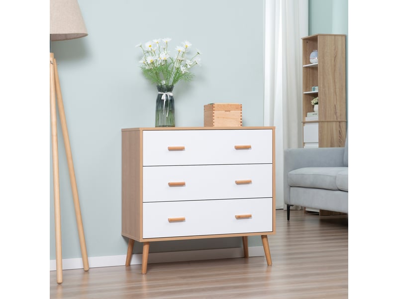  Commode surélevée à 3 tiroirs pour salon et chambre, en bois, 80 x 39 x 80 cm, blanc et bois.  - Conforama C