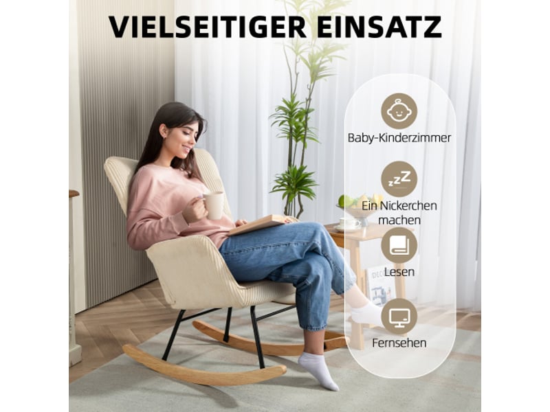  Fauteuil à bascule beige en tissu côtelé, accoudoirs et patins en bois, relax pour salon et chambre  - Conforama D
