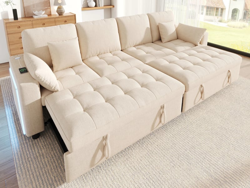  Canapé d'angle convertible,4 places, avec éclairage led, usbtype-c,262 x 140 x 89cm,beige  - Conforama B