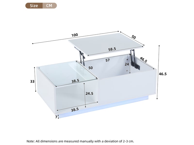  Table basse relevable avec rangement caché, niche ouverte et led contrôlée par app, pour salon, blanc  - Conforama D