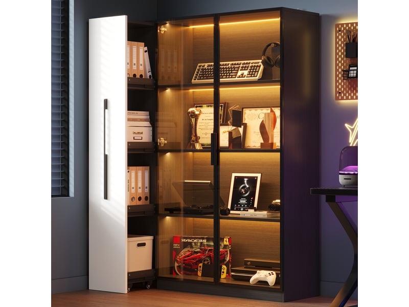  Vitrine led verre 110x35x160cm meuble de rangement buffet haut bibliothèque avec portes vitrée étagère coulissante, noir  - Conforama D
