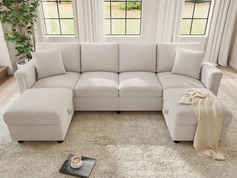 Canapé d'angle moderne ,4 places, avec 2 tabourets de rangement et 2 coussins décoratifs ,261 × 134 × 82 cm,beige - Conforama B
