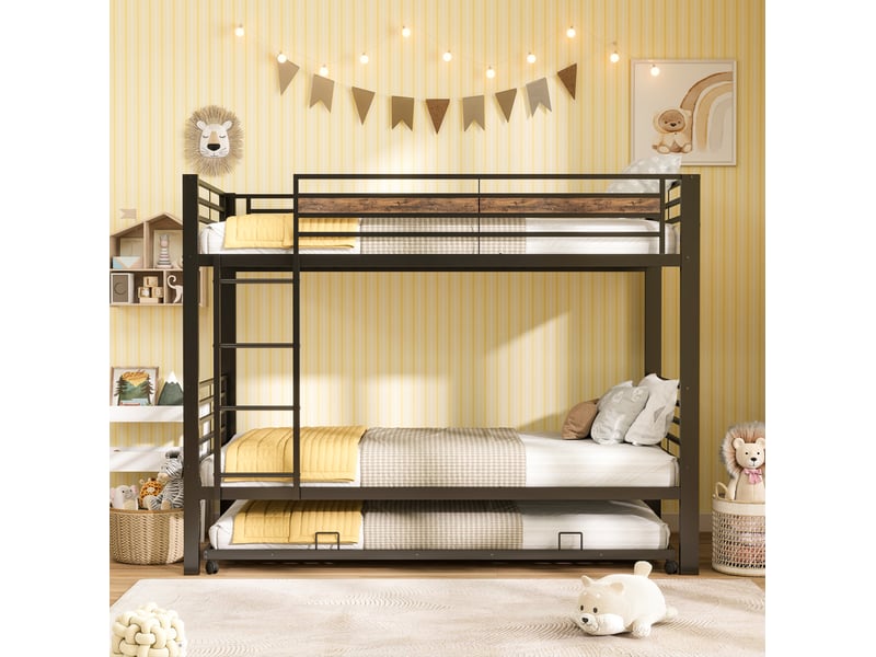  Lit superposé enfant 90x200 cm métal noir vintage, lit gigogne 90x190 cm, 3 couchages compacts  - Conforama B