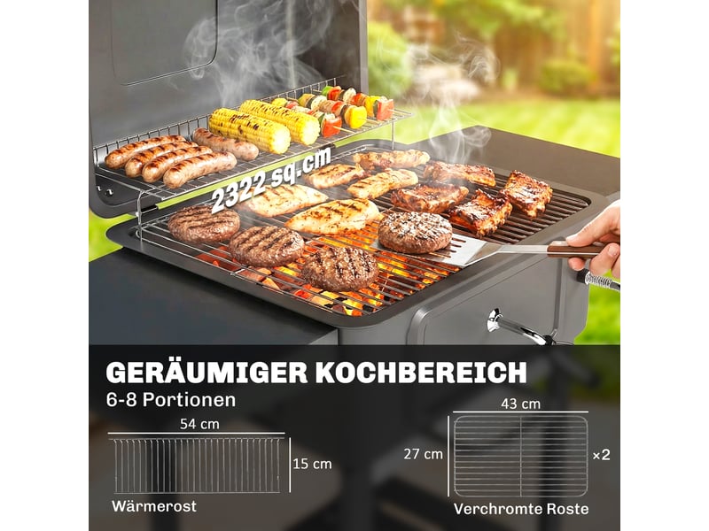  Barbecue à charbon avec couvercle et thermomètre, fumoir à cheminée réglable, chariot mobile  - Conforama R