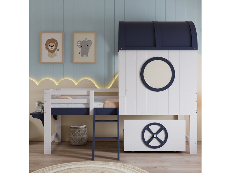  Lit mezzanine enfant 90x200 cm, lit maison avec toit, fenêtre et échelle inclinée, mdf, blanc et bleu, sans matelas  - Conforama B