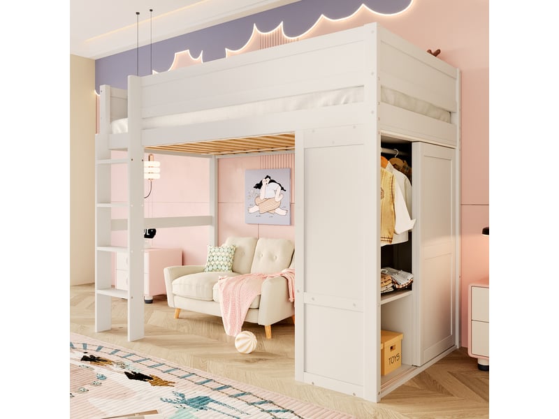  Lit mezzanine enfant 90x200 cm avec armoire et rangement, blanc  - Conforama C