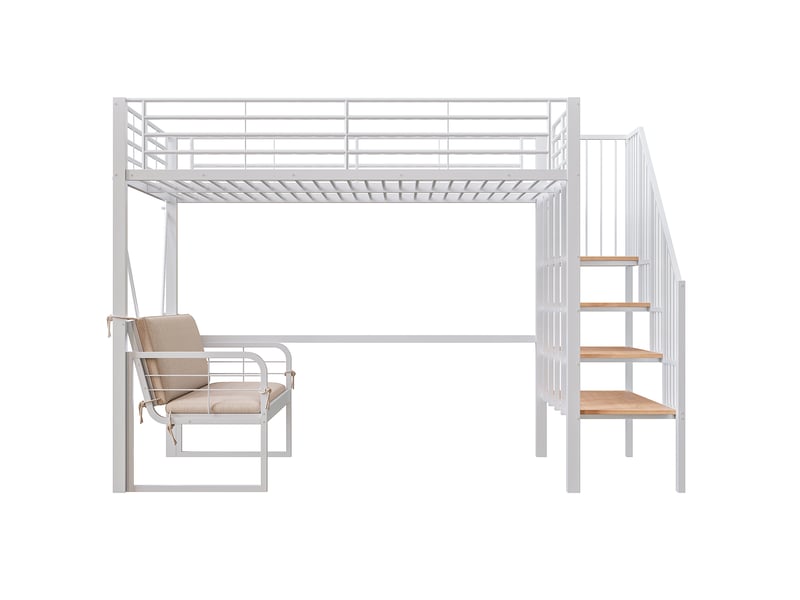  Lit superposé métal blanc 140x200 cm, canapé rembourré amovible, rangement et escalier sécurisé  - Conforama A