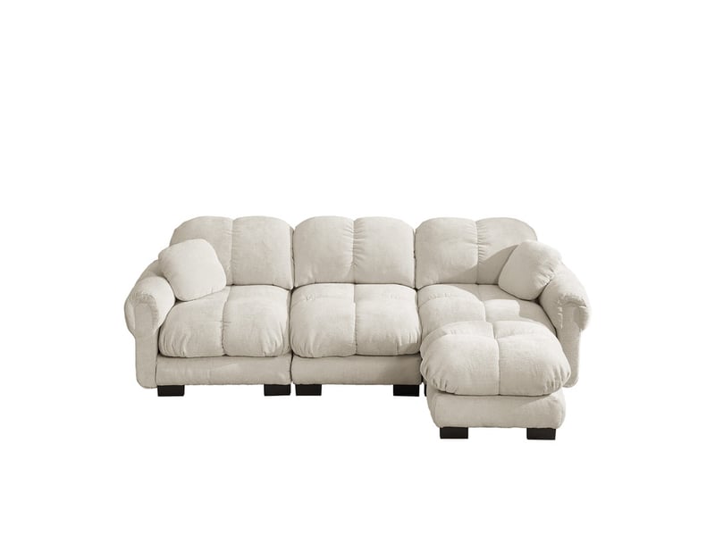  Canapé modulable d’angle 3 places avec ottomane et coussins décoratifs en tissu beige  - Conforama A