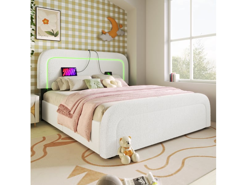 Lit 2 places 160x200 cm – blanc – led, usbtype-c, 4 tiroirs et tête de lit réglable – sans matelas - Conforama B