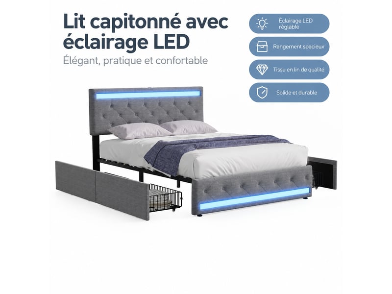  Lit double 140 x 200 cm gris avec 4 tiroirs, revêtement effet lin, éclairage led et port usb, sans matelas  - Conforama D