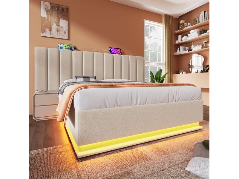  Lit coffre 160 × 200 cm 2 places avec led, 3 usb et type-c, rangement hydraulique, sans matelas, en lin beige  - Conforama C