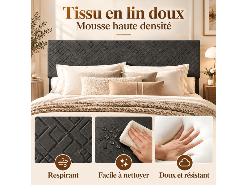 Cadre de lit double 160x200 cm avec sommier à lattes en bois, lit rembourré avec tête de lit capitonné, 2 personnes2 places, rangement sous le lit, pour adultes et adolescents, facile à assembler, chambre, structure de lit queen… - Conforama C
