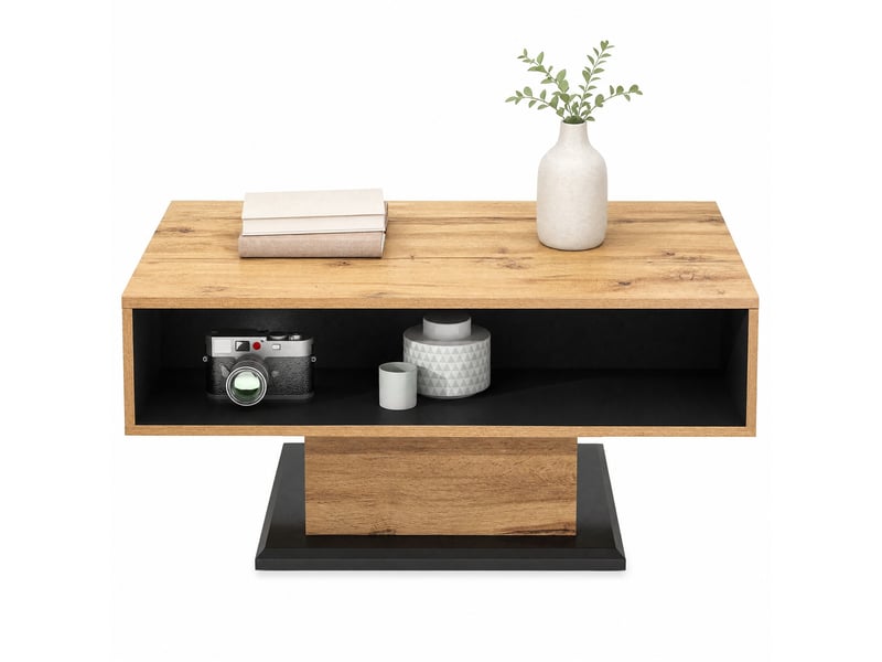  Table basse avec tiroir et rangement double face – décor chêne et anthracite – 100 x 60 x 47 cm  - Conforama A