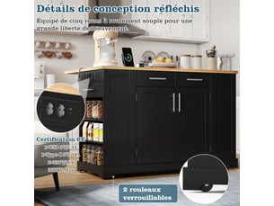 Îlot central de cuisine extensible noir 138x86x92cm réglable roulettes usb et prise rangement mdf cuisine rangement pratique moderne