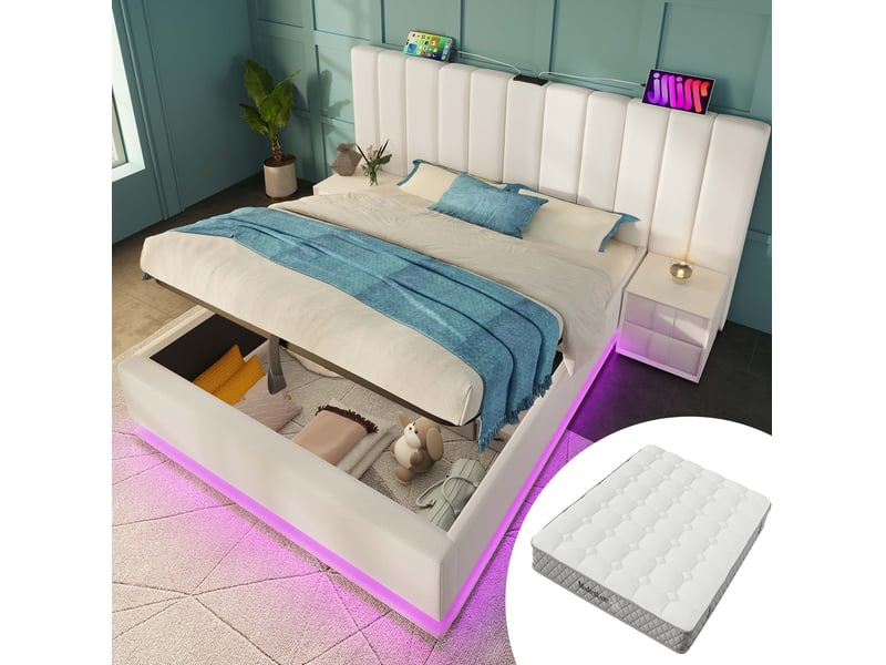 Lit adulte 180x200 coffre rangement hydraulique led usb c pu blanc avec matelas homvra - Conforama C