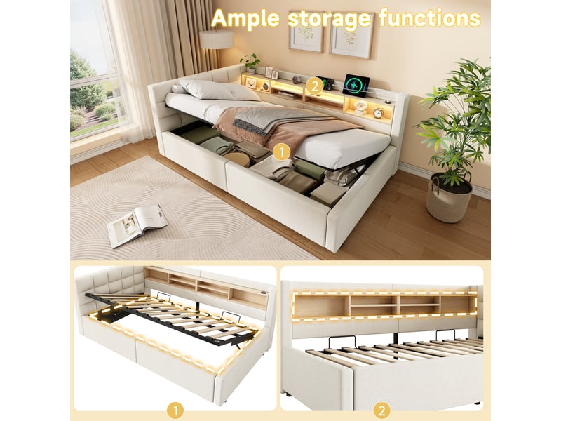  Lit banquette 90x200cm beige, relevage hydraulique, led réglable, étagère pratique, port usb, sans matelas  - Conforama E
