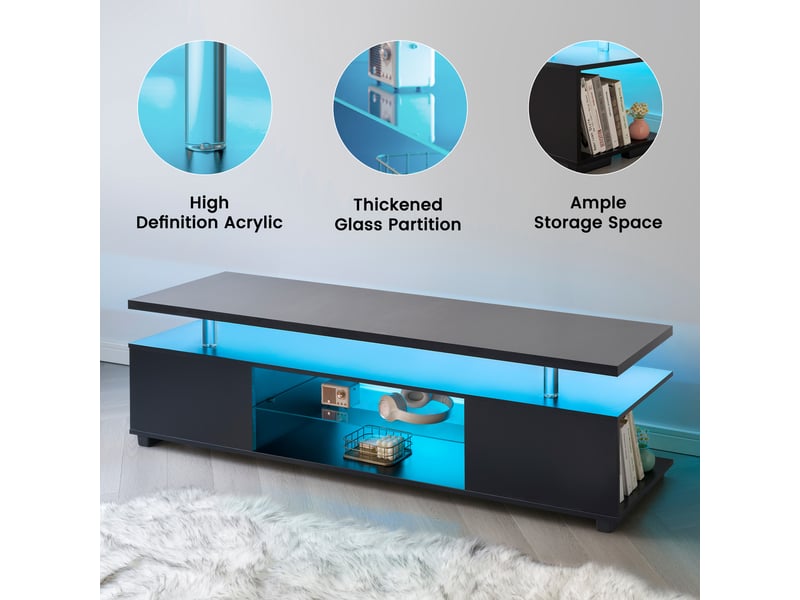  Meuble tv 60 pouces gaming led avec rangement, 130x40x48cm, mdf, noir  - Conforama D