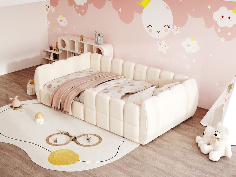  Lit enfant 90 × 200 cm 1 place avec structure rembourrée fermée et angles arrondis, sans matelas, beige  - Conforama E
