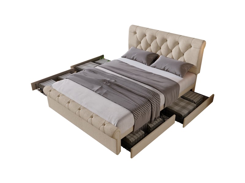  Lit capitonné avec tête de lit réglable, 4 tiroirs, matelas, naturel, 140 x 200 cm  - Conforama A