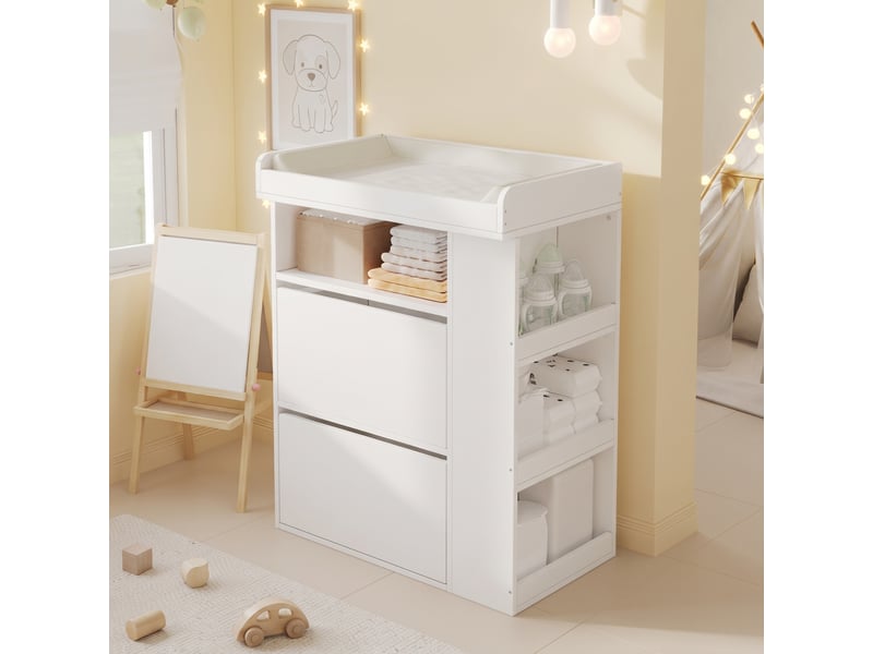  Commode à langer blanche 82 x 50 x 100 cm en mdf, dessus amovible, barrière réglable, 2 tiroirs et niches  - Conforama B