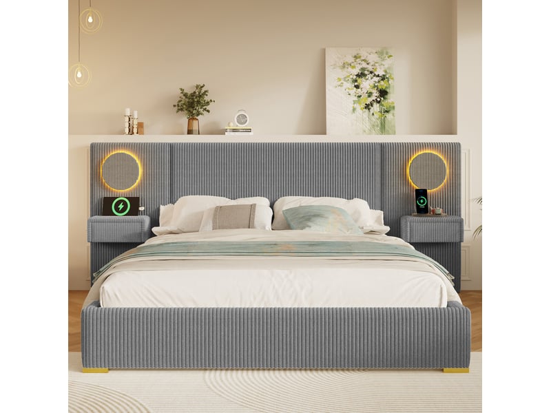  Lit rembourré 180 × 200 cm 2 places avec led réglable, usb et tiroirs, sans matelas, en velours gris  - Conforama C